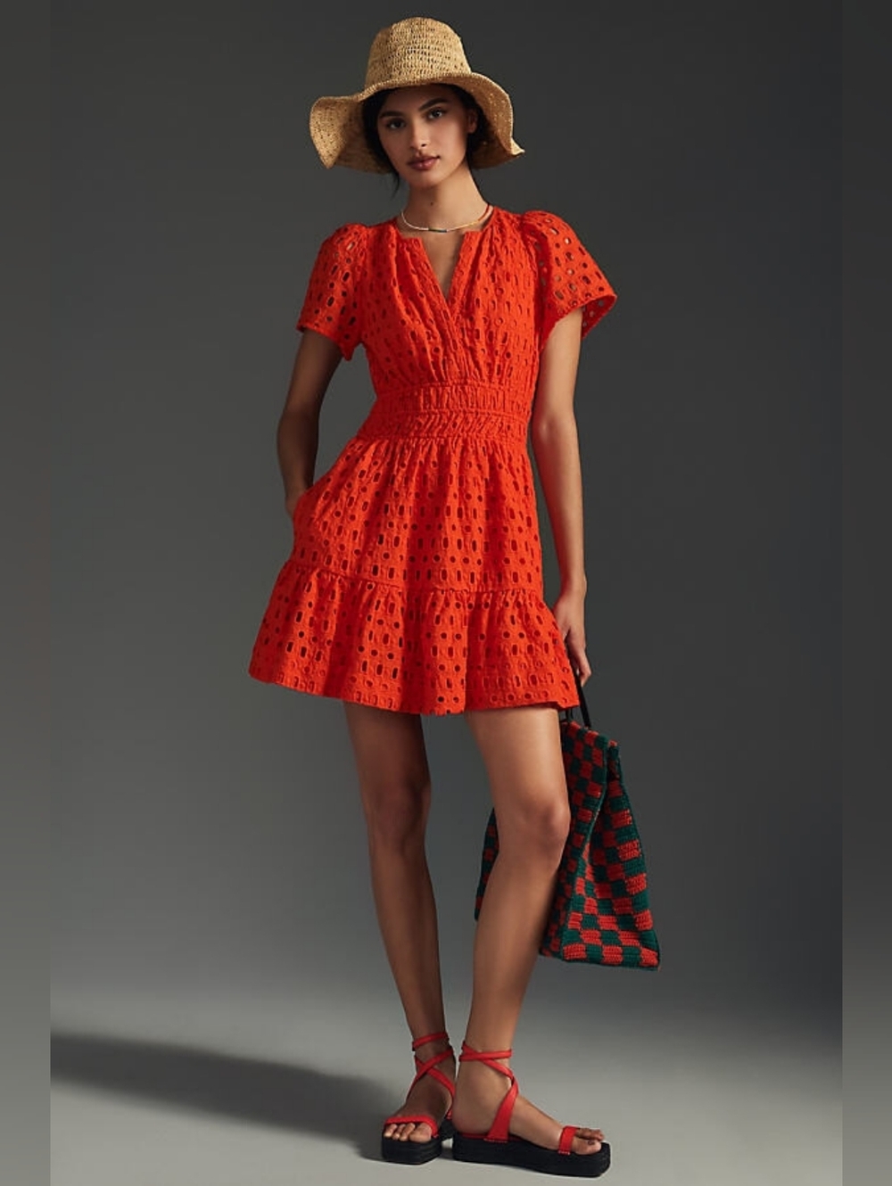 Anthropologie Size L Sommerset Eyelet Short-Sleeve Tiered Mini Dress